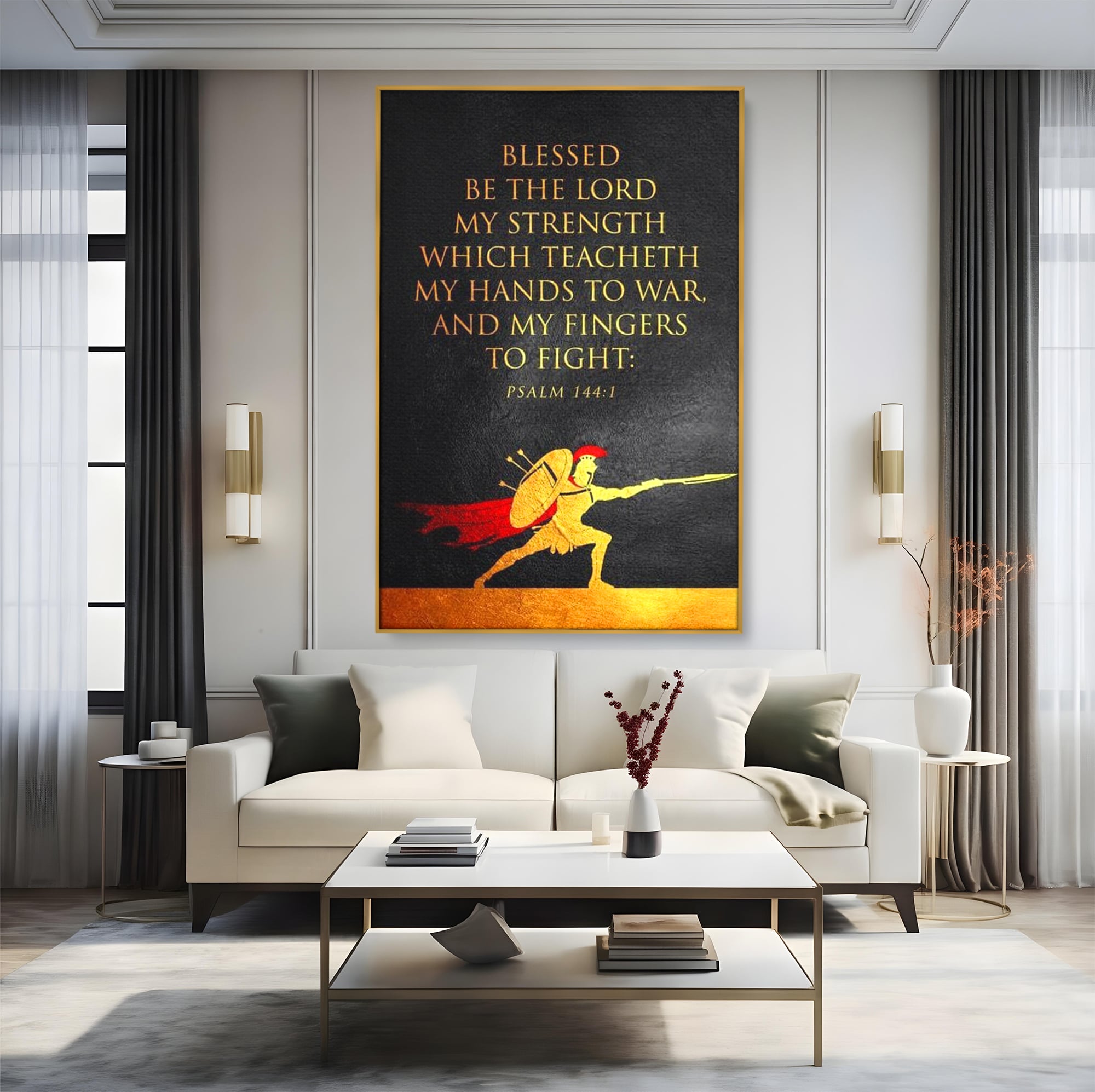 Tablou canvas cu tablou canvas cu razboinic antic si verset, in rama de aluminiu auriu, pe perete intr-un living